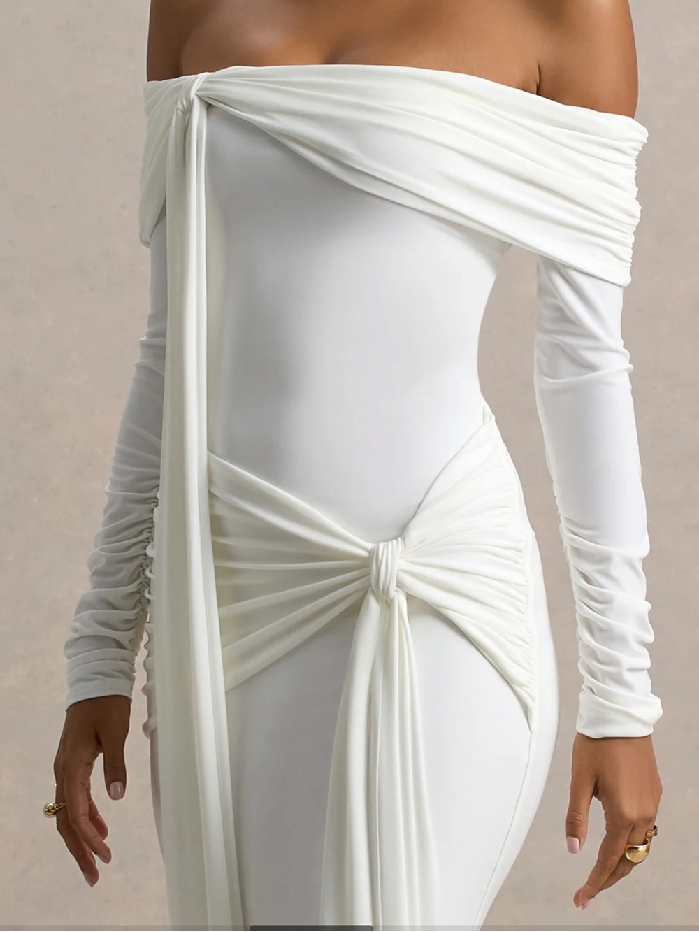 Club L London Off-Shoulder White Maxi Dress with Draped Knot Detail - Picture 3 of 7